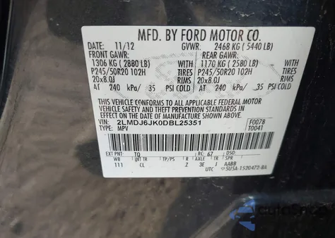 2013 Lincoln Mkx from USA, damaged, VIN 2LMDJ6JK0DBL25351